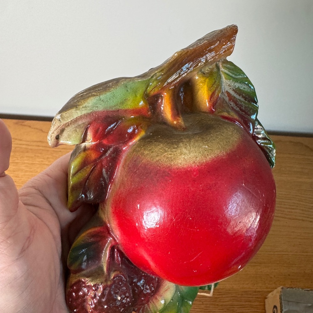 Vintage 1940s Chalkware Apple Fruit Leaves Wall‎ Decor Hanging String Dispenser